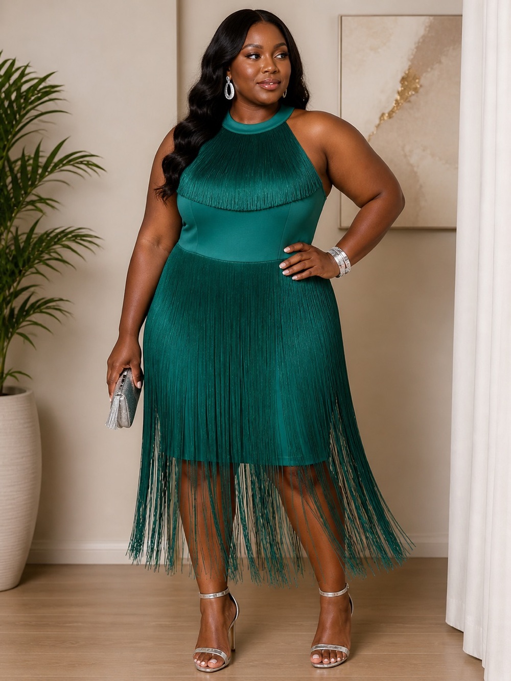 Ashley Stewart Emerald Green Fringe Midi Dress